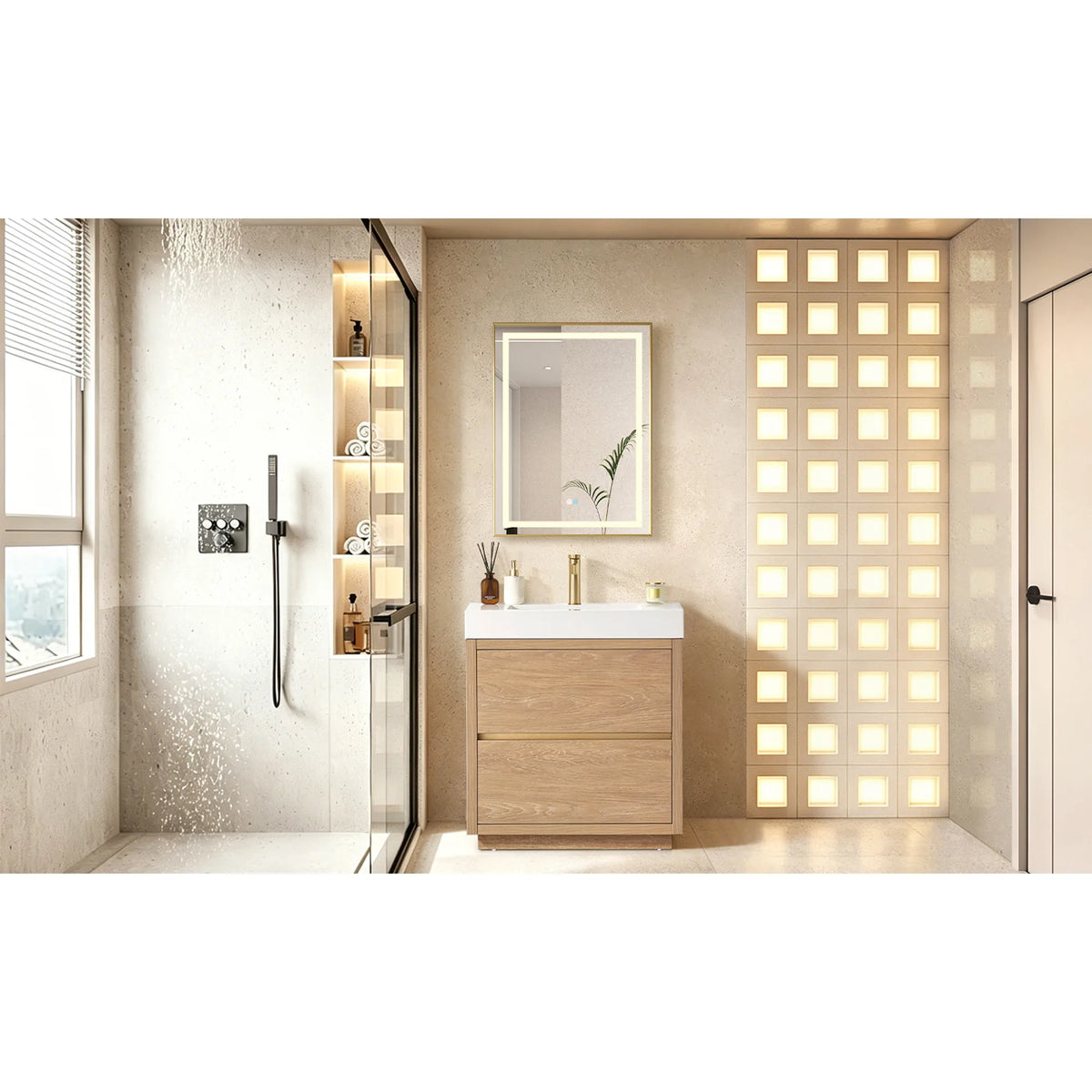 Wide shot of a bathroom with a shower, backlit block wall and the vanity below a mirror