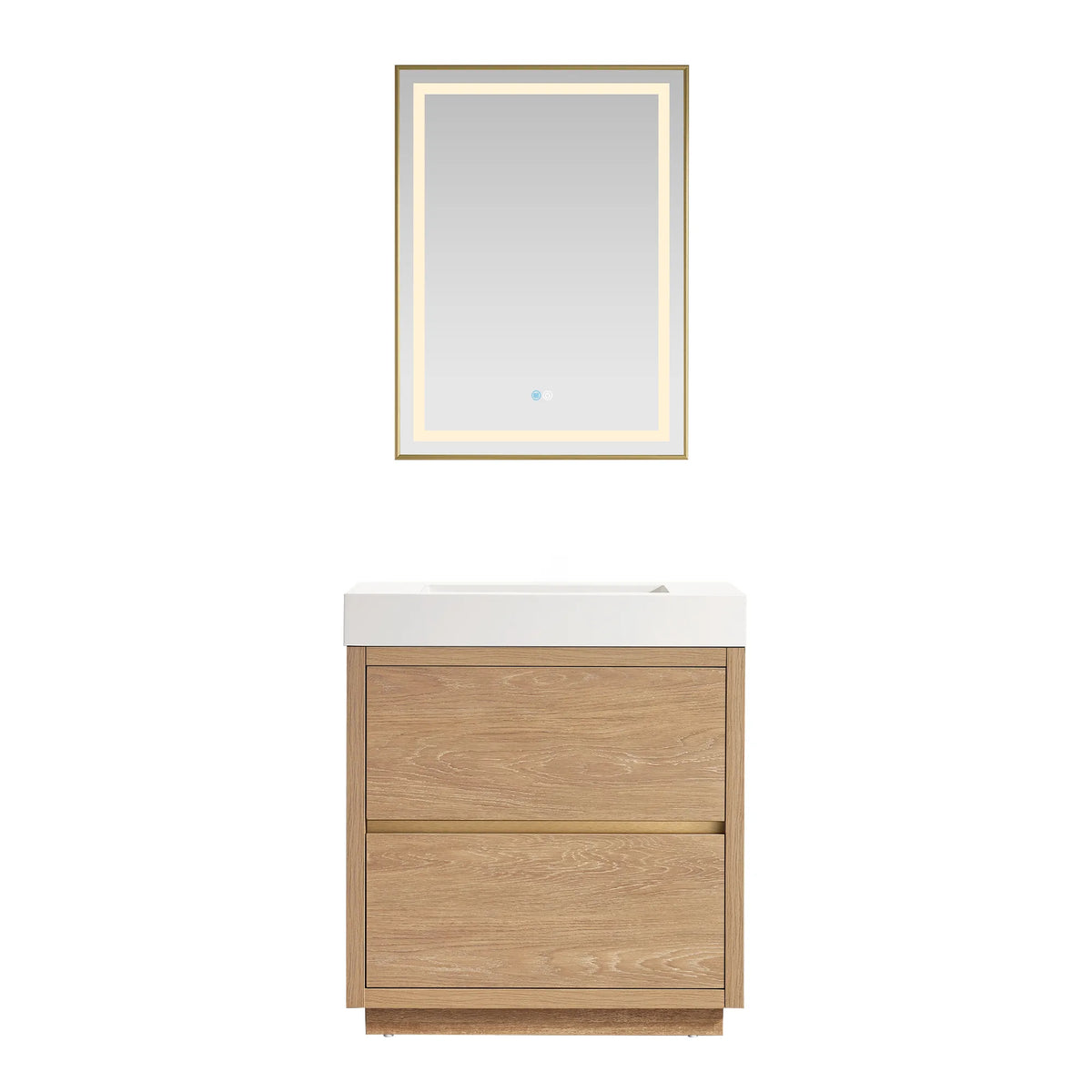 Matching LED mirror and 30 inch oak vanity, front view on white