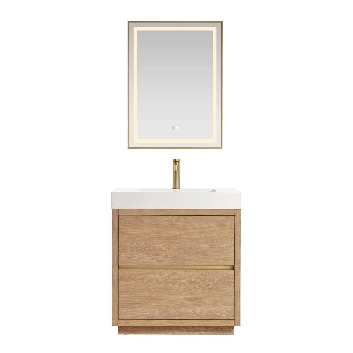 Front view of vanity with matching LED mirror above on a white background, oak front