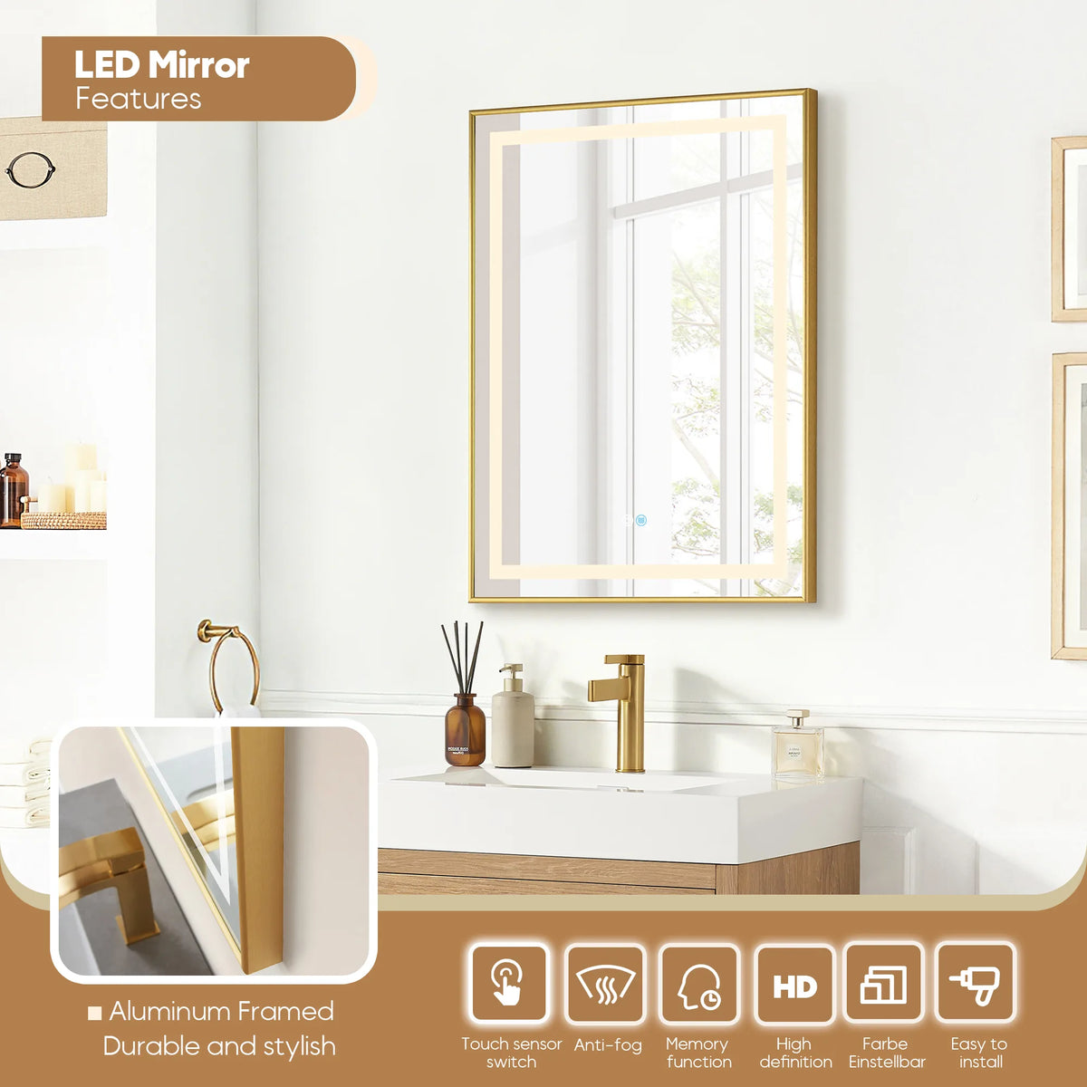 LED mirror feature graphic with the lit mirror above the vanity and a row of icons below