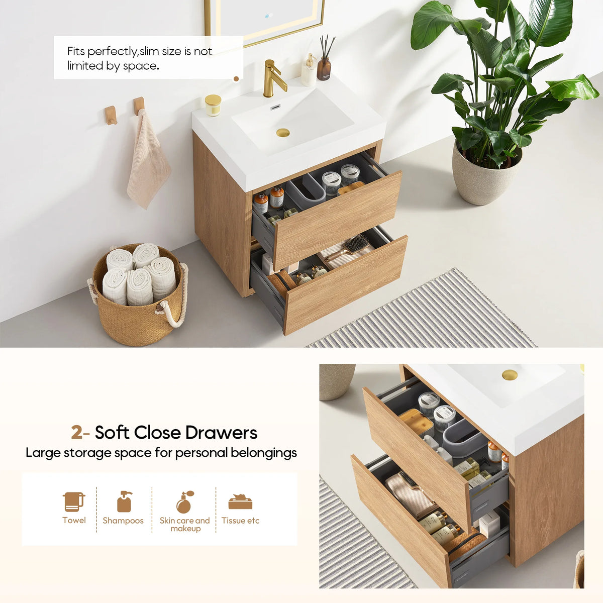 Feature graphic for the soft-close drawers with the open vanity above and an inset of the trays, 30 inch size