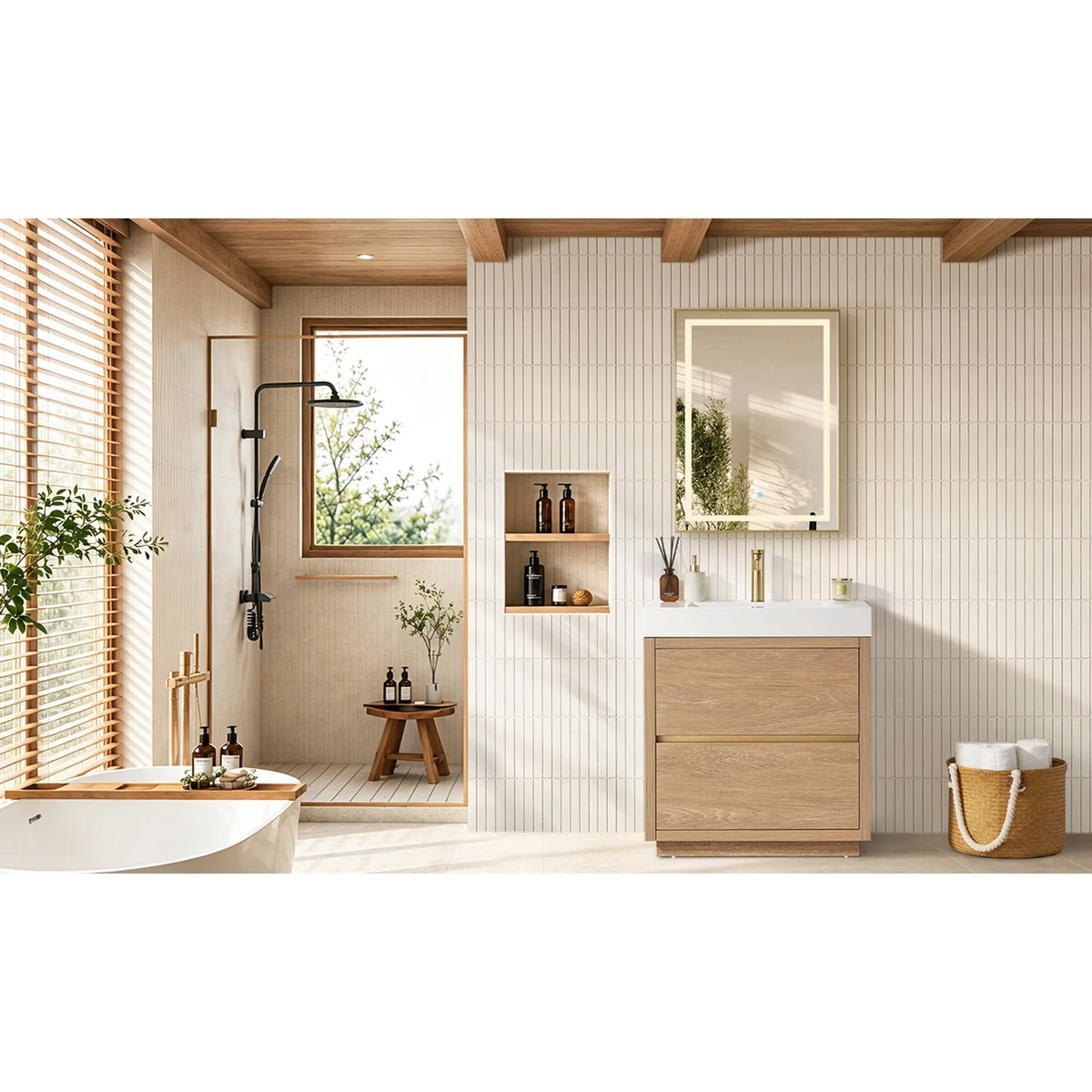 Wide room shot of the vanity in a bathroom with a freestanding tub, shower fittings and a lit mirror