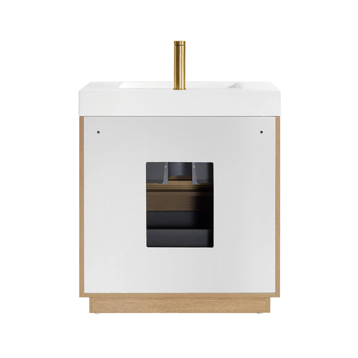 Rear view of the vanity on white showing the white back panel and plumbing cutout