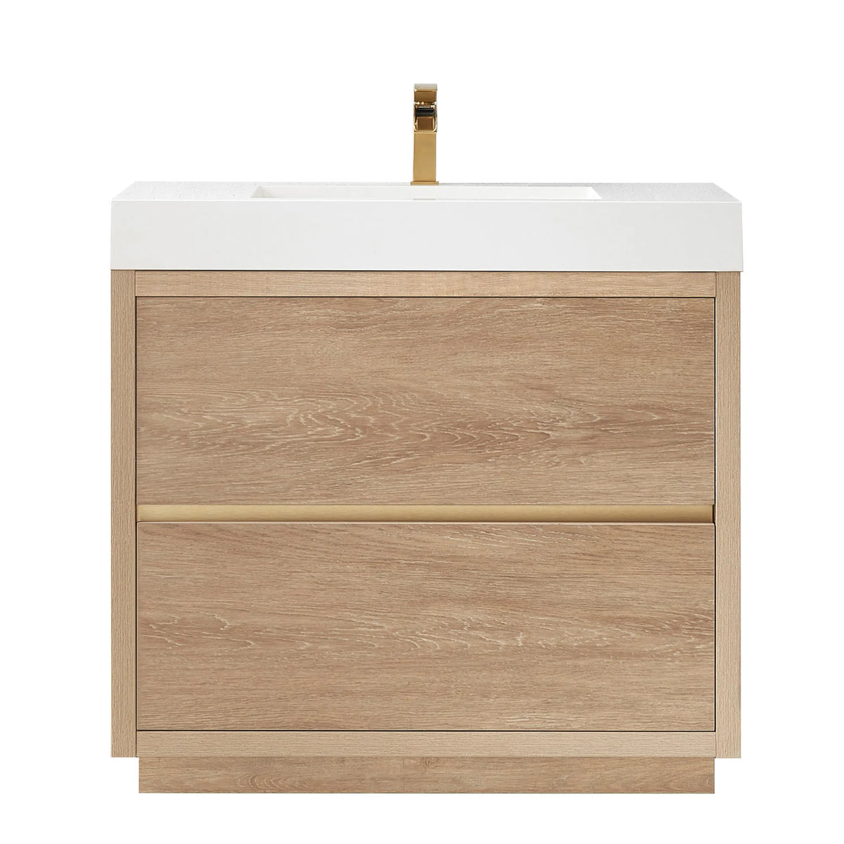 Front view of the 36 inch vanity on white, brushed gold pull and shallow plinth, oak finish
