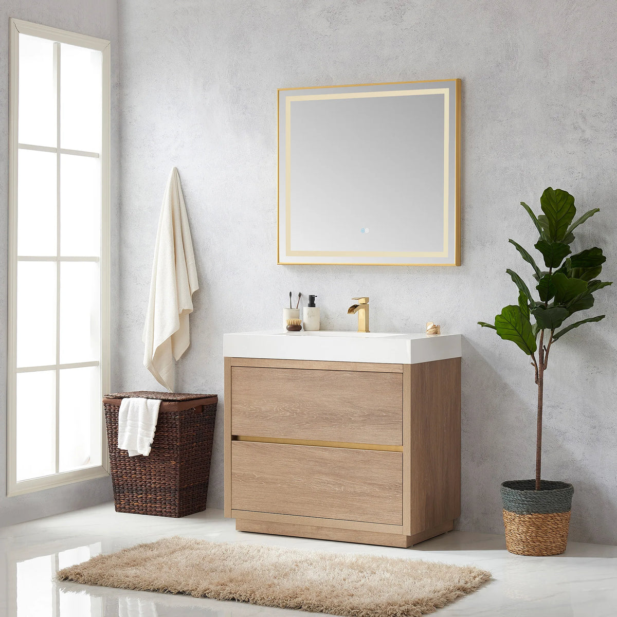 Wide shot of the vanity and mirror beside a tall window, rug on the white floor