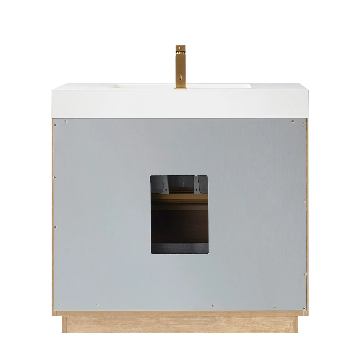 Back view of the 36 inch vanity on white, gray back panel with a plumbing cutout