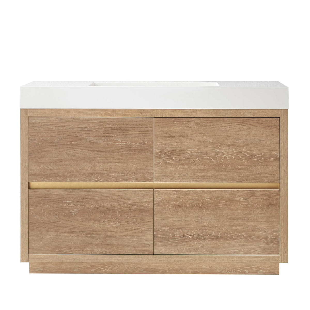 Front view of a 48 inch North American Oak single bathroom vanity with white composite top, white background