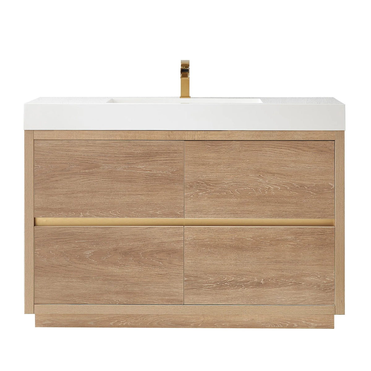Front view of the 48 inch vanity on white, brushed gold pull line and low plinth