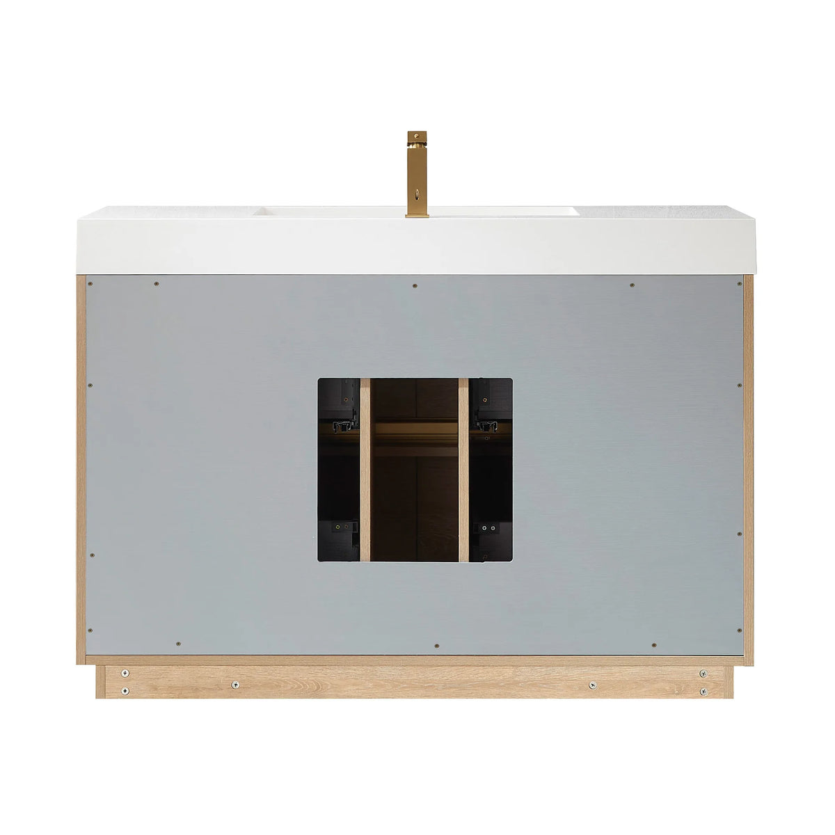 Back view of the 48 inch vanity on white with gray back panel and a plumbing cutout