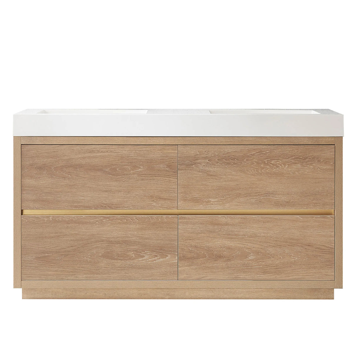 Front view of a 60 inch North American Oak double bathroom vanity with white composite top on a white background