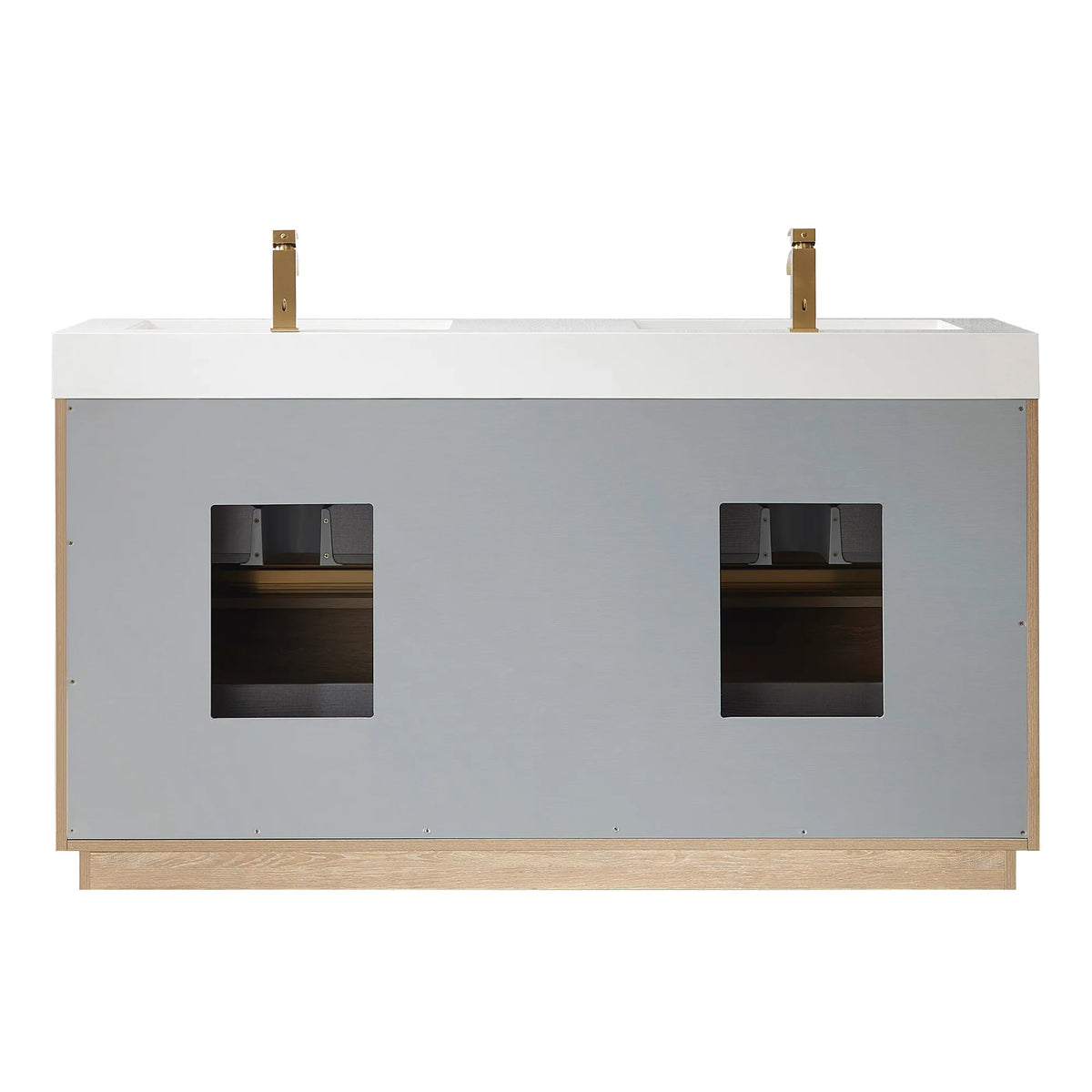 Back view of the 60 inch double vanity on white, gray back panel with plumbing cutouts