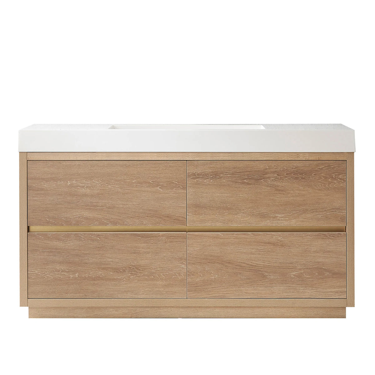 Front view of a 60 inch North American Oak single bathroom vanity with white composite top on a white background