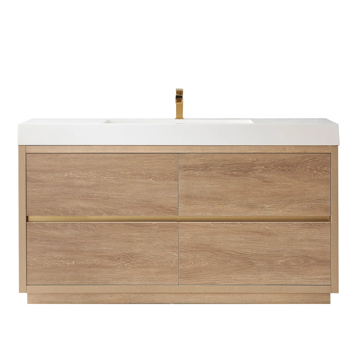 Front view of the 60 inch vanity on white with brushed gold pull and low plinth