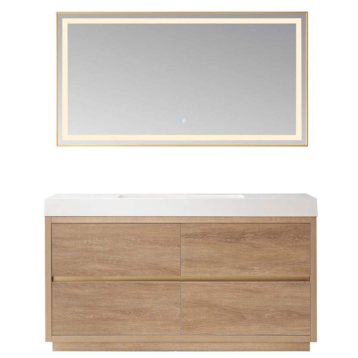 60 inch vanity with matching rectangular mirror above it, front view on white, oak front