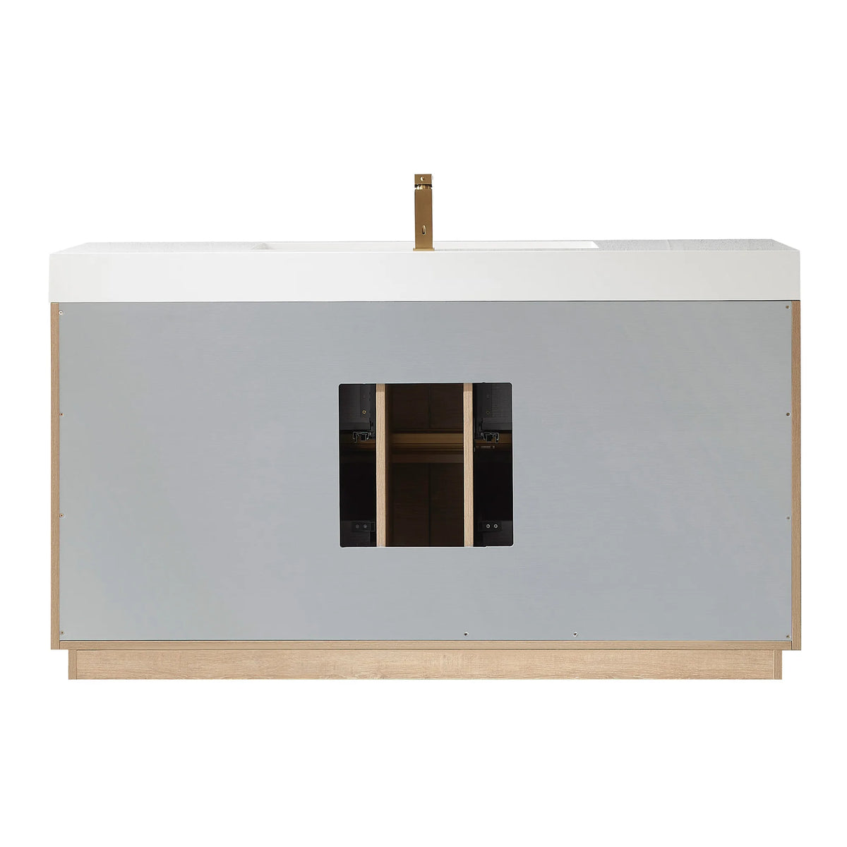 Back view of the 60 inch vanity on white, gray back panel with a plumbing cutout