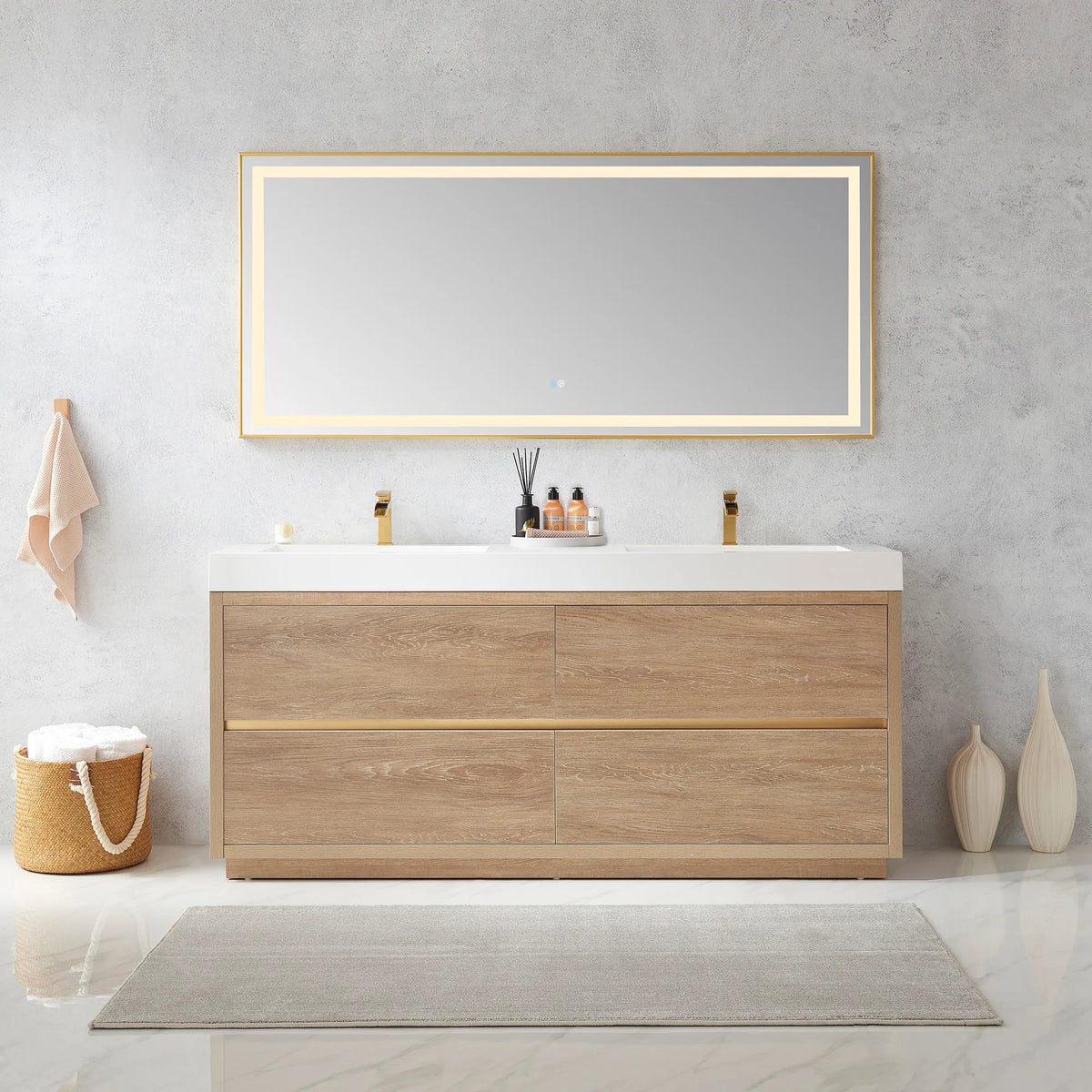 Room scene of the 72 inch double vanity with one wide LED mirror, towel hook, basket and white vases