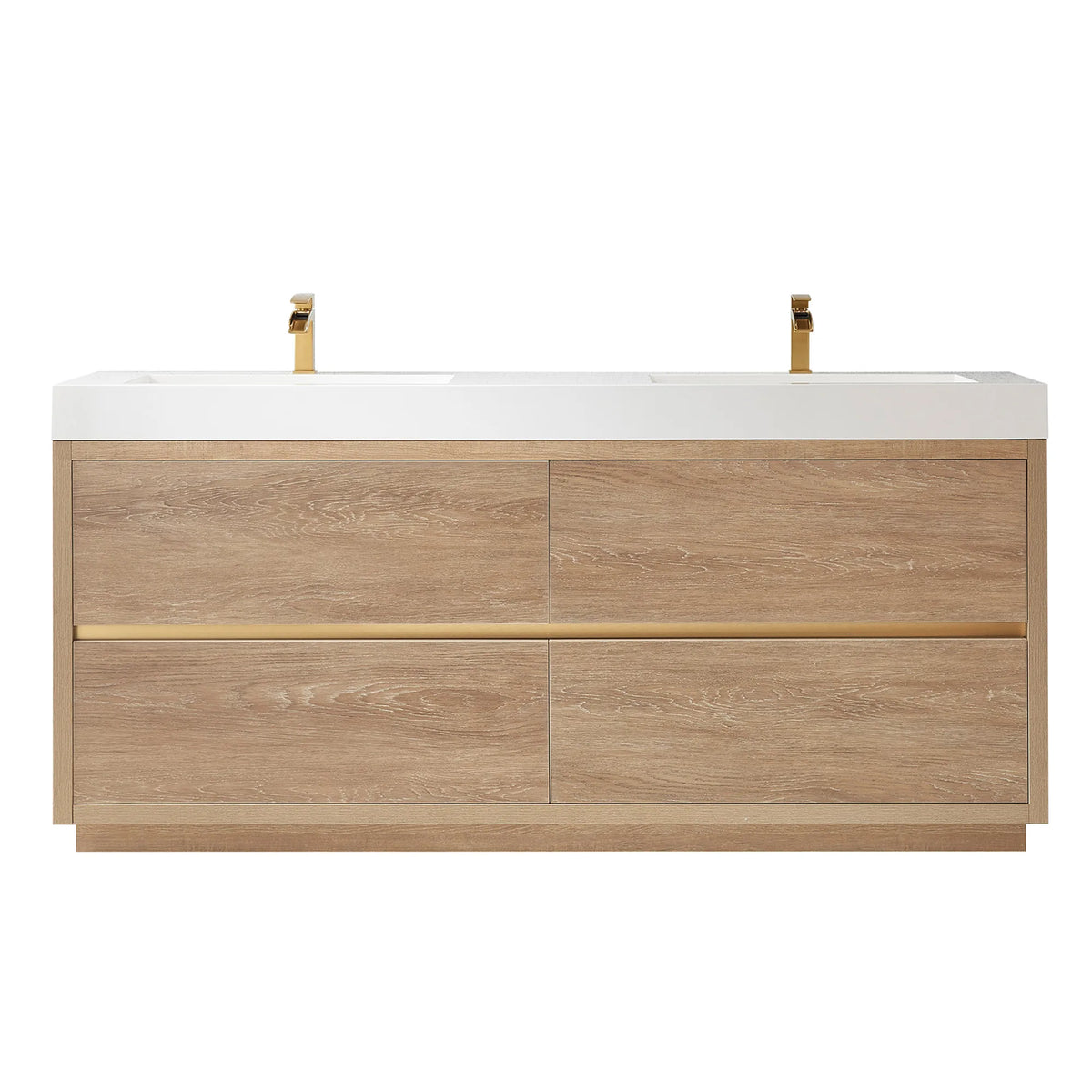Front view of the 72 inch double vanity on white, brushed gold pull line and plinth base