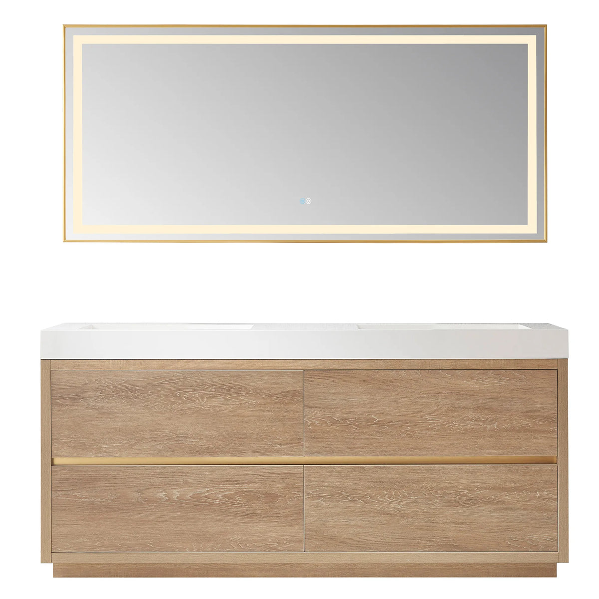 Wide matching LED mirror above the 72 inch double vanity, front view on white