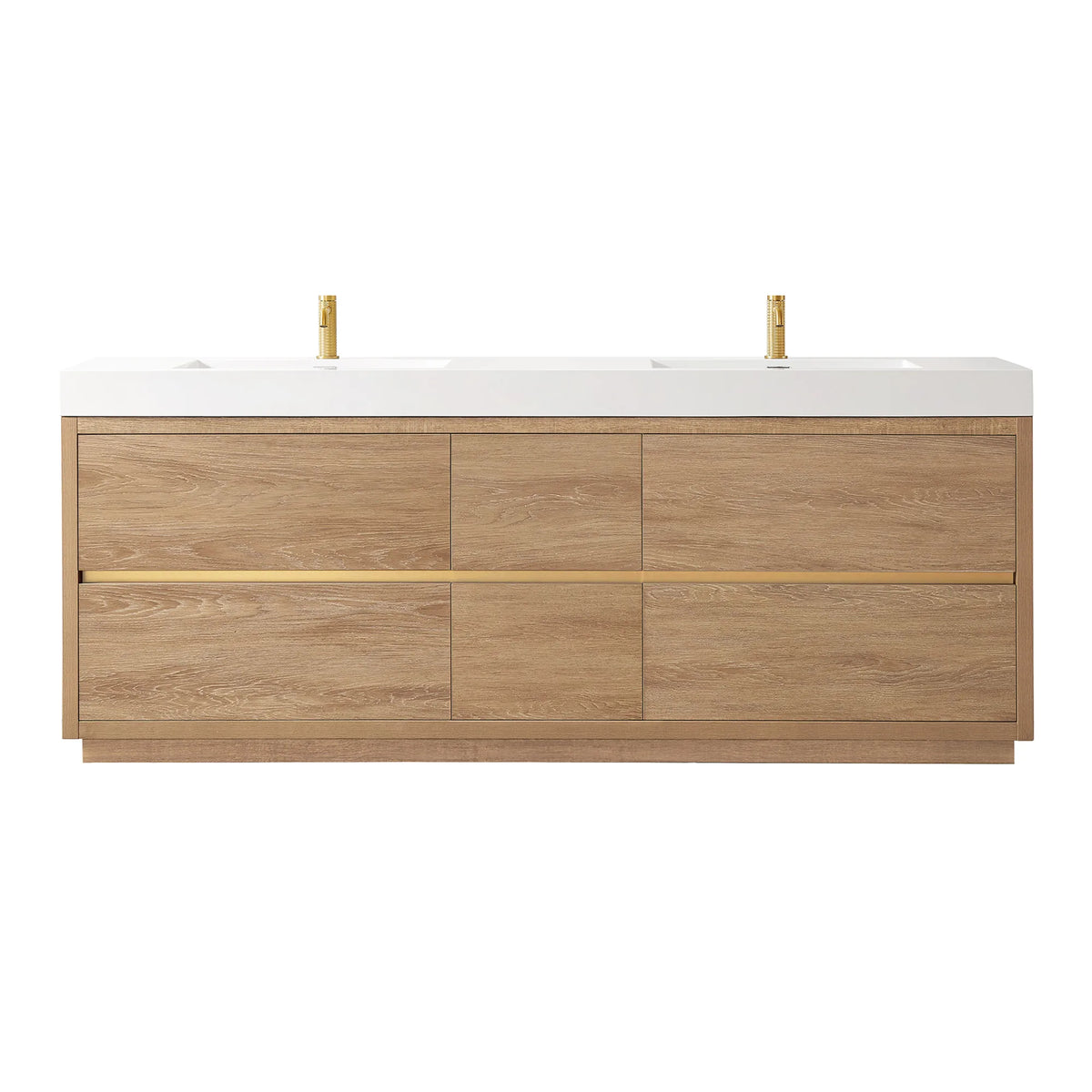 Front view of the 84 inch double vanity on white, brushed gold pull line and plinth base