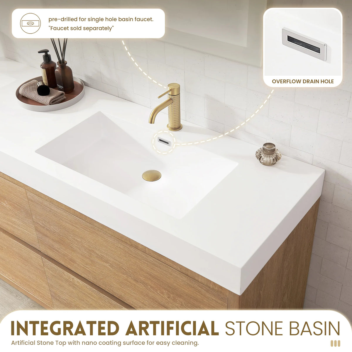 Feature graphic of the integrated white sink with overflow drain inset and a faucet-hole note