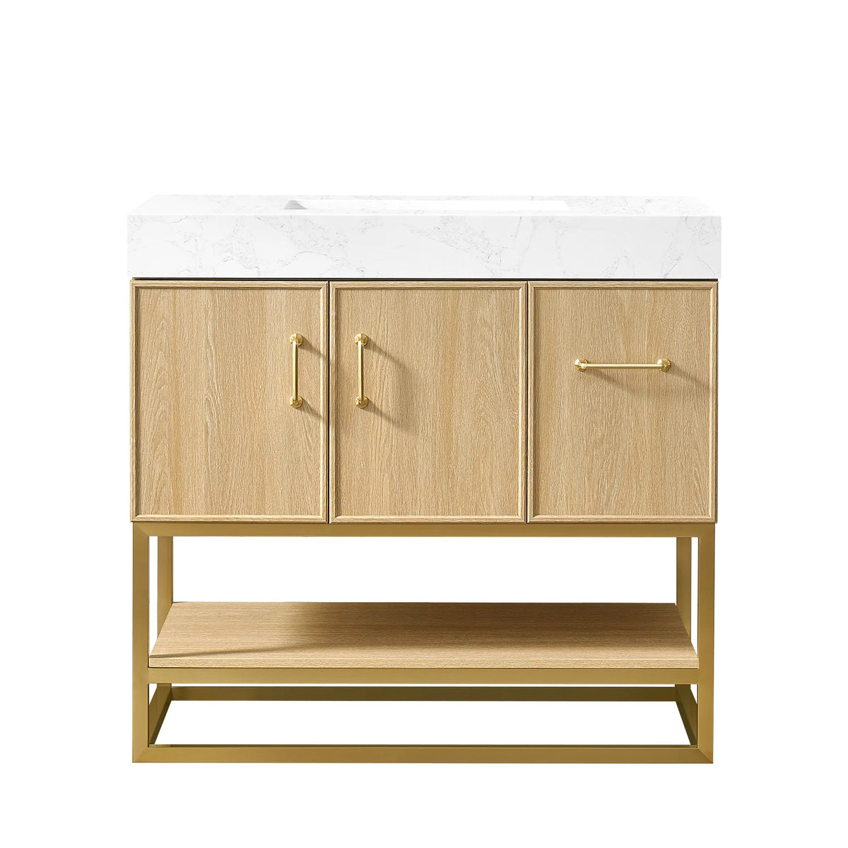 Dark Oak single sink bathroom vanity, 36 inch, shown straight on with an open shelf and gold metal base