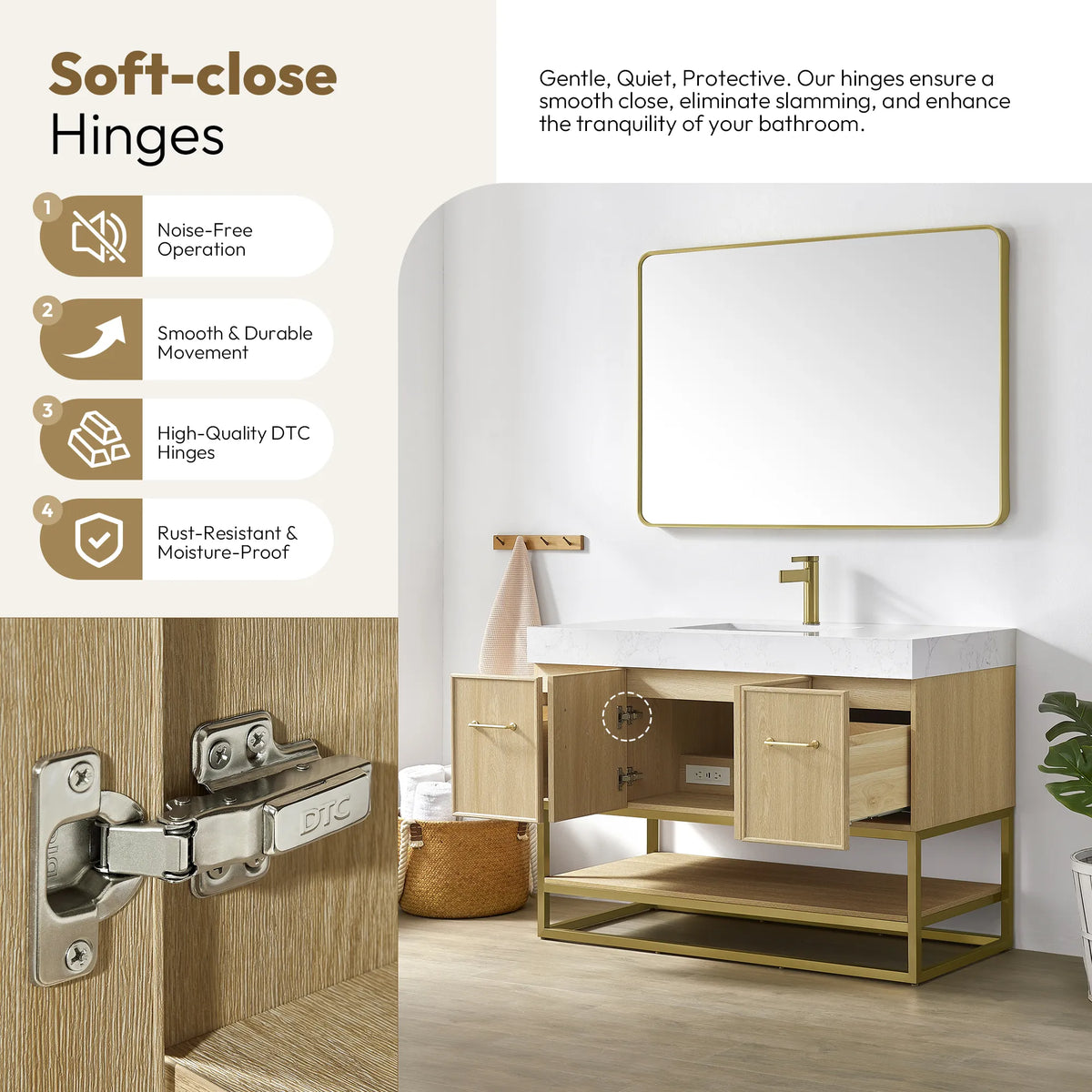 Soft-close door hinge close-up with the 48 inch Dark Oak vanity shown open in the room