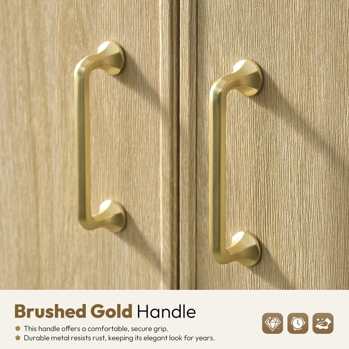 Two brushed gold pulls on Dark Oak cabinet doors, shown close up, 48 inch single