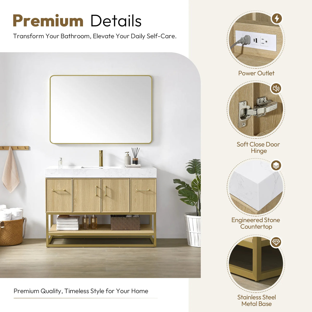 Details graphic for the 48 inch Dark Oak vanity showing the outlet, hinge, countertop and base
