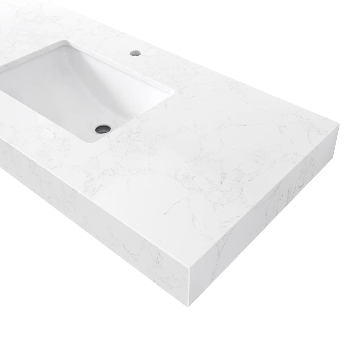 Composite stone countertop corner with a ceramic sink and a faucet hole, on a white background, 48 inch single
