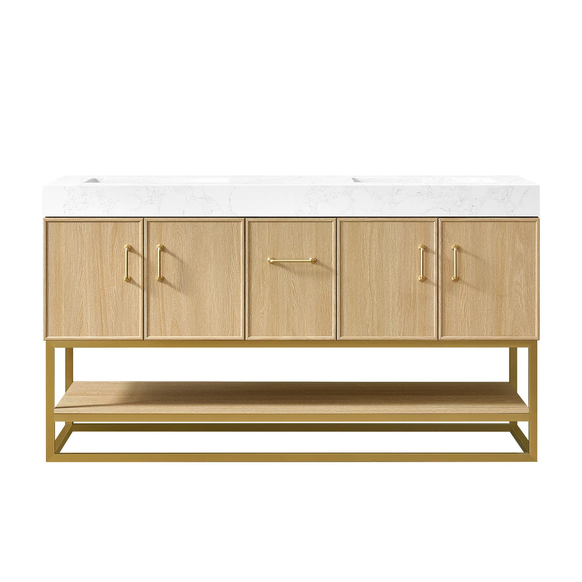 Straight-on studio shot of a 60 inch bathroom vanity with double sink, Dark Oak cabinet, gold pulls and a stone countertop
