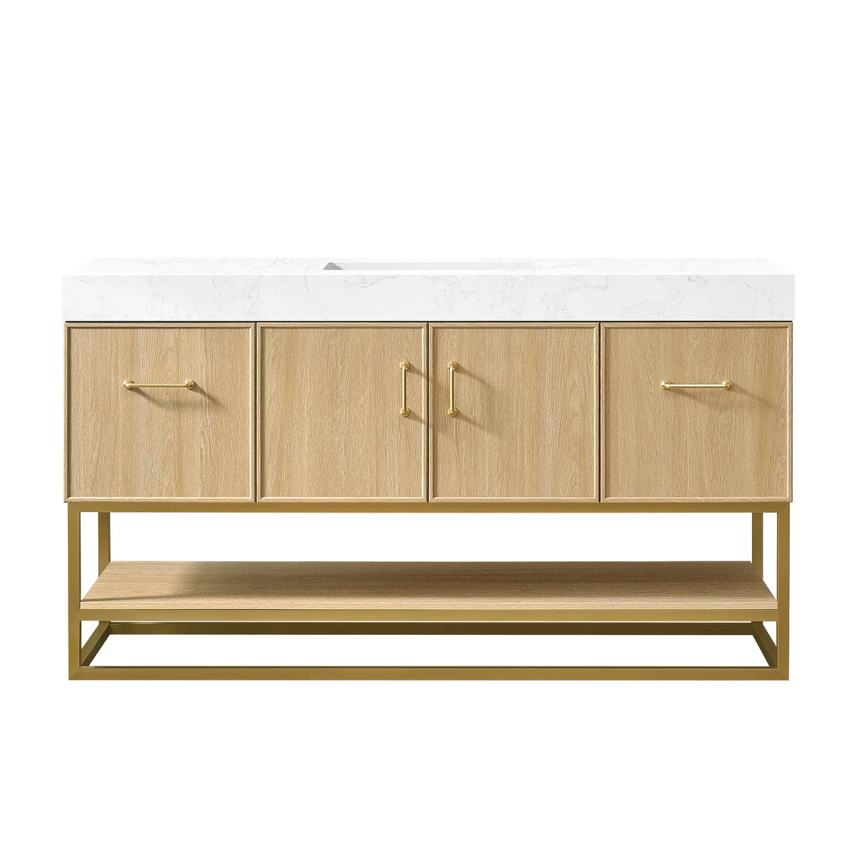 Dark Oak single sink bathroom vanity, 60 inch, shown straight on with an open shelf and gold metal base