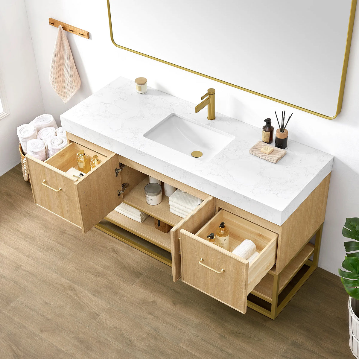 60 inch single sink vanity in Dark Oak with the drawer and cabinet open