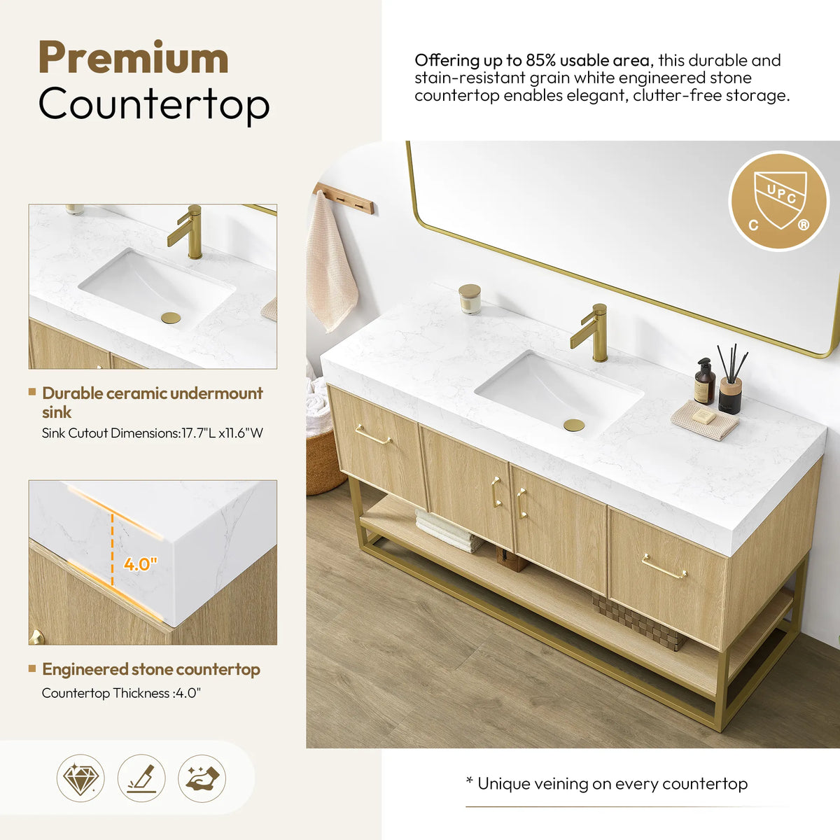Graphic on the engineered stone countertop of the 60 inch Dark Oak single sink vanity