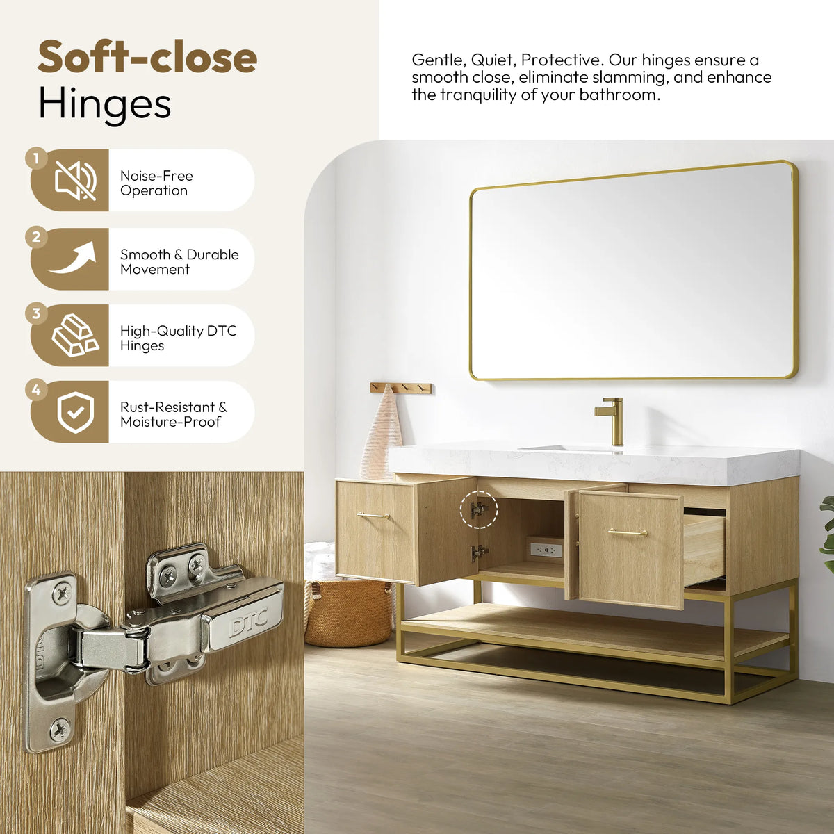 Hinge detail graphic: soft-close hinge on the 60 inch Dark Oak single sink vanity