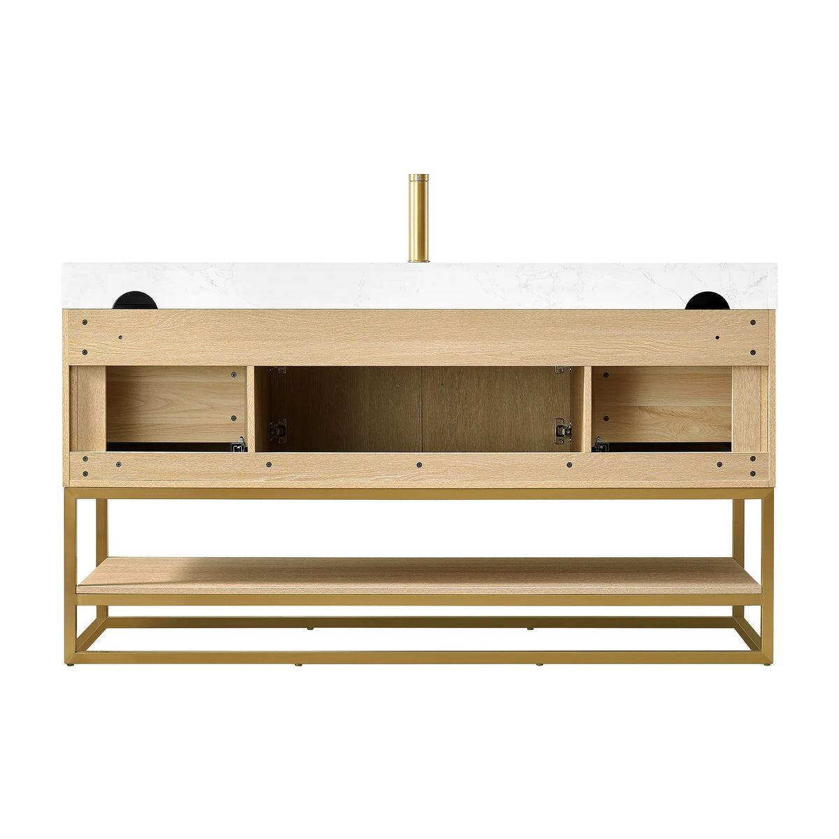Open-back view of the 60 inch Dark Oak single sink vanity, on a white background, faucet pictured