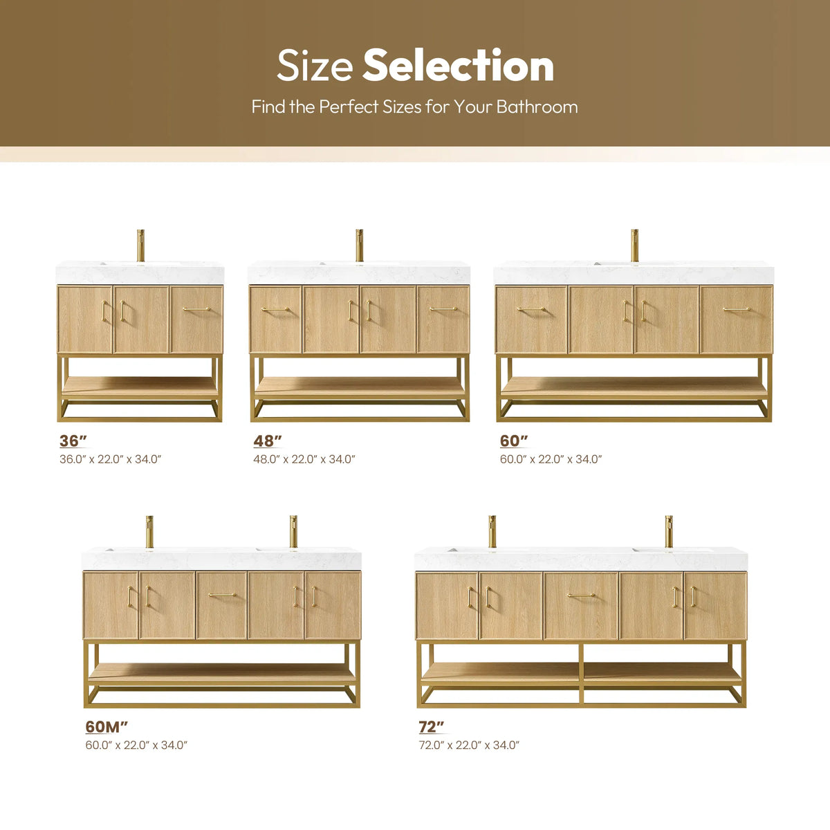 Sizing graphic comparing the single sink and double sink Dark Oak vanities, 60 inch single