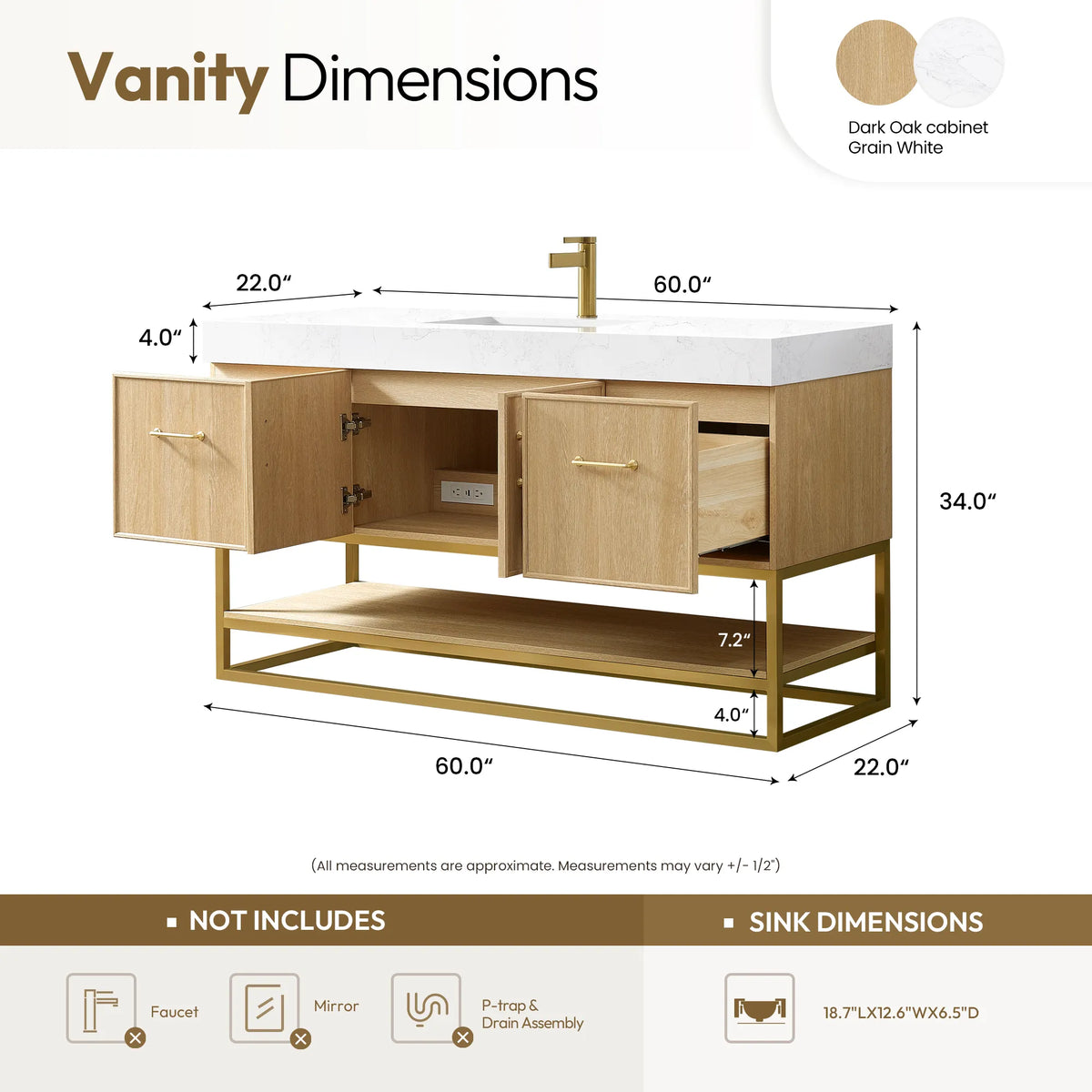Measurement diagram for the 60 inch single sink vanity, open cabinet shown with labeled sizes