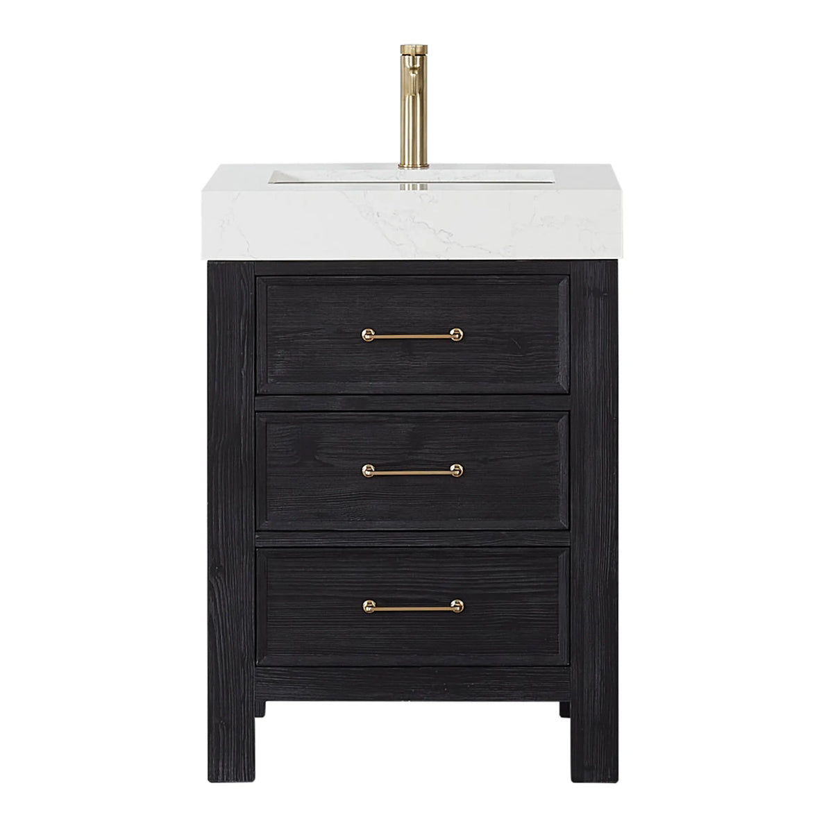 24-inch Fir Wood Black single bathroom vanity with Lightning White composite stone top, studio front view