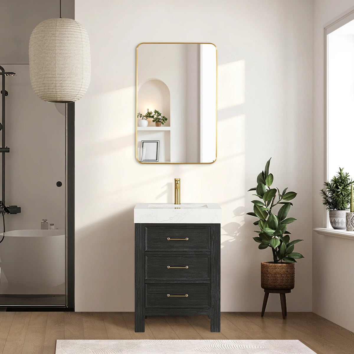 Staged view of the Fir Wood Black cabinet with a rectangular wall mirror over it