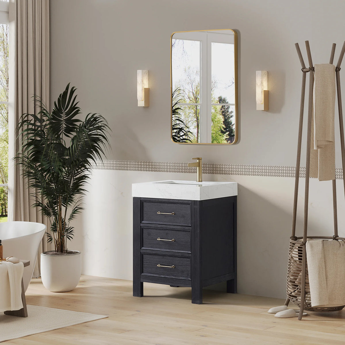 Lifestyle view, Fir Wood Black vanity with Lightning White composite stone top; a bath with a tub in view