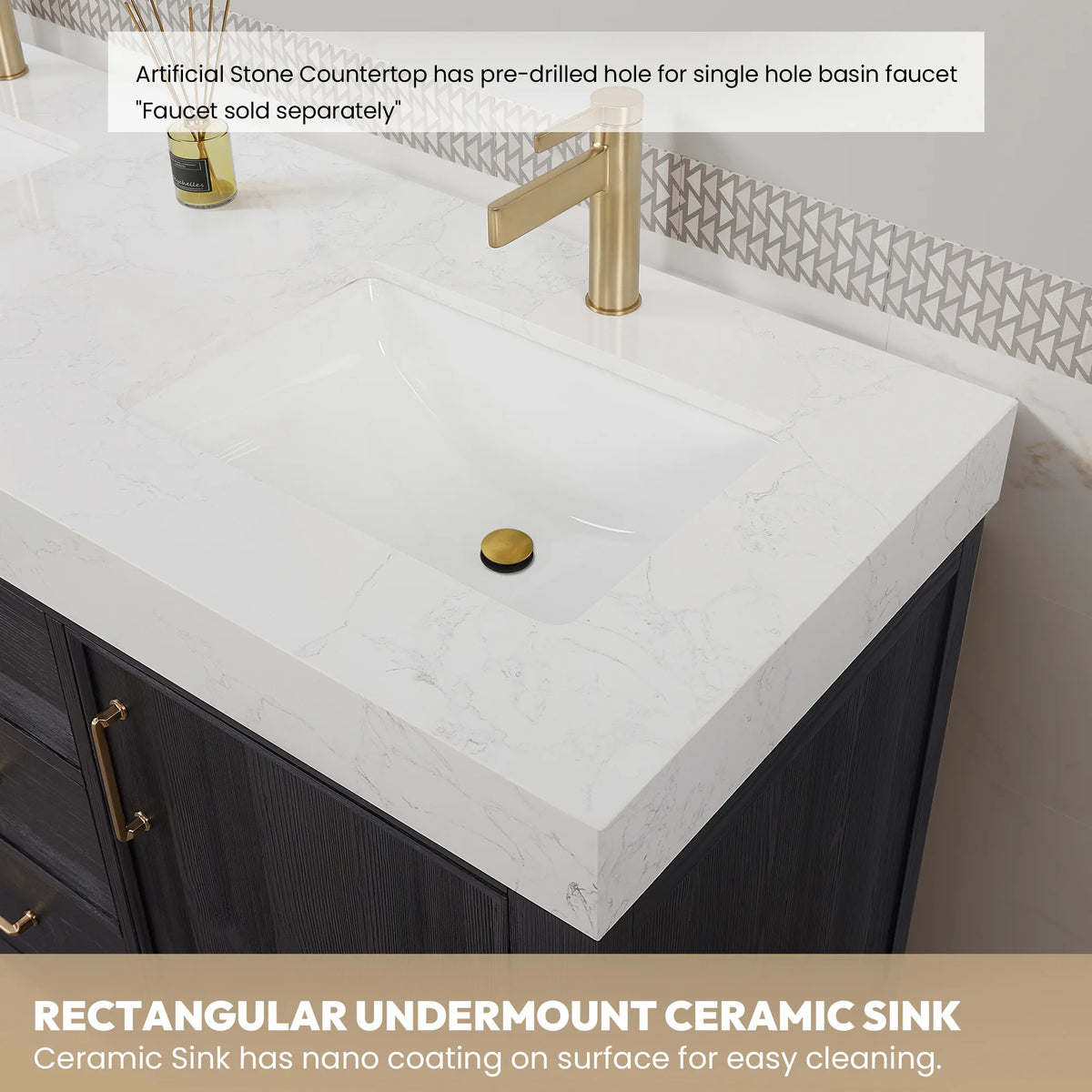 Undermount ceramic basin set in the Lightning White composite stone top, drain and fitted faucet in view