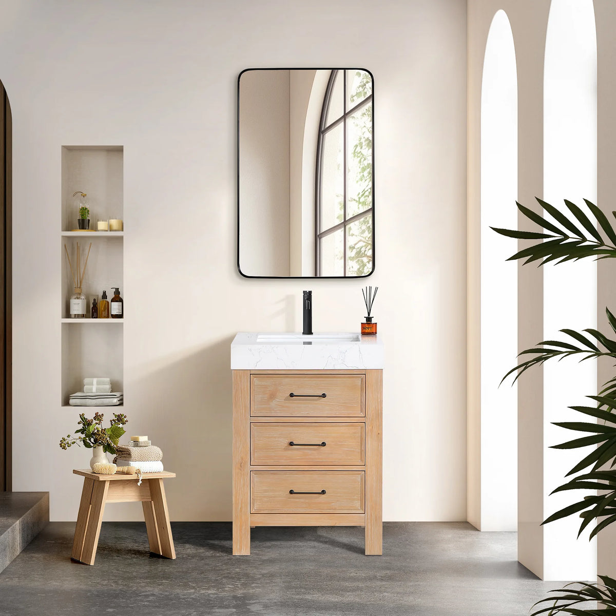 Staged view of the Fir Wood Brown cabinet with a rectangular wall mirror over it