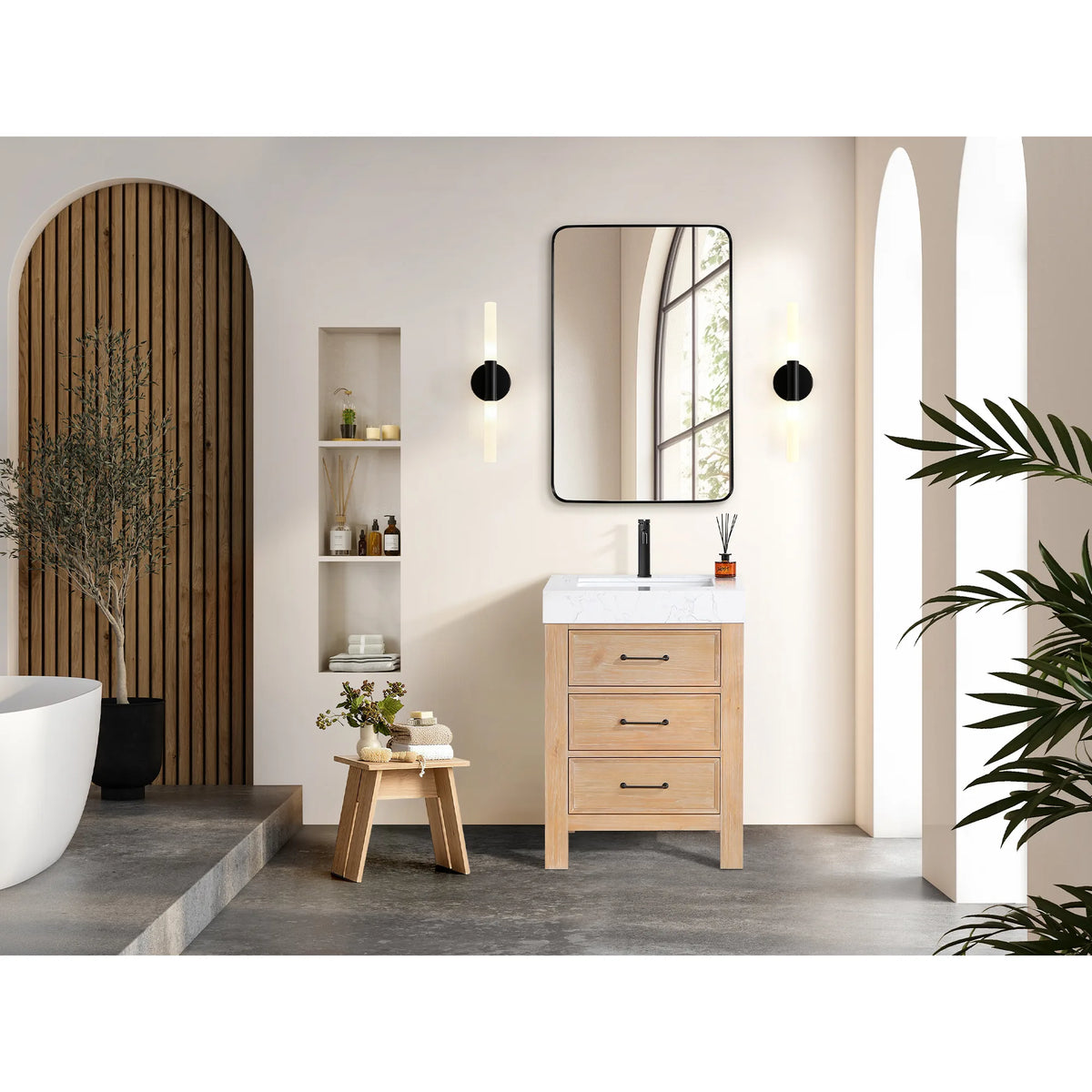A sunlit bath with an arched wall niche: 24-inch single vanity in Fir Wood Brown under a rectangular wall mirror