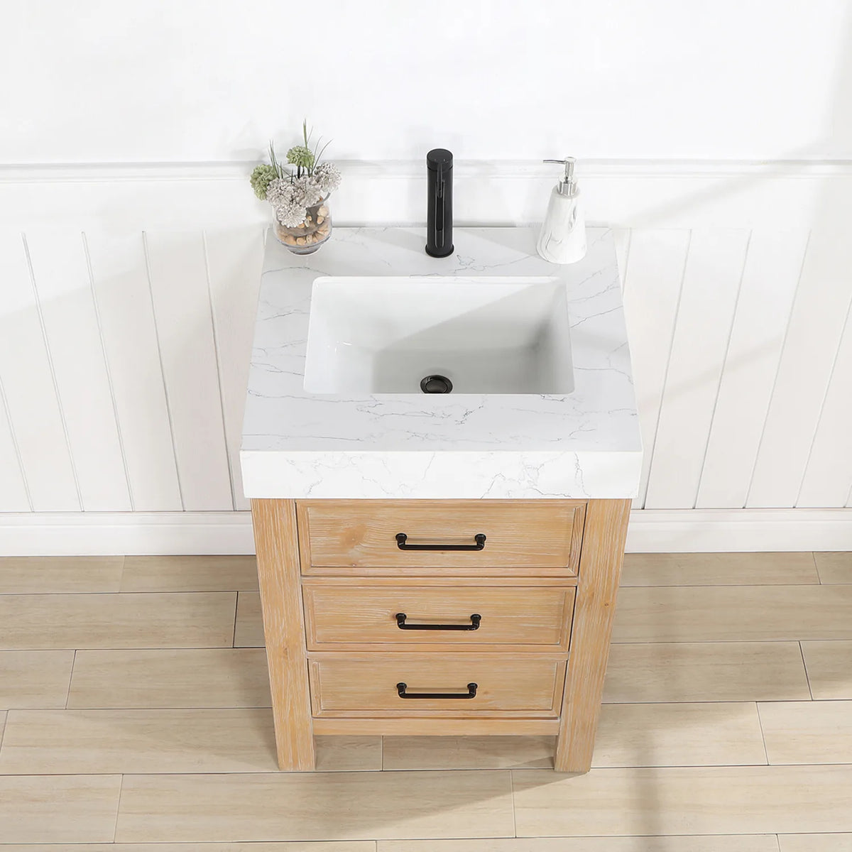 Overhead angle on the Lightning White composite stone top with its ceramic sink; faucet not included