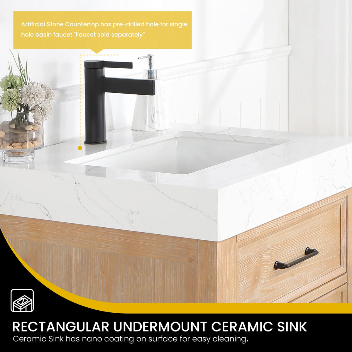 Undermount ceramic basin set in the Lightning White composite stone top, drain and fitted faucet in view