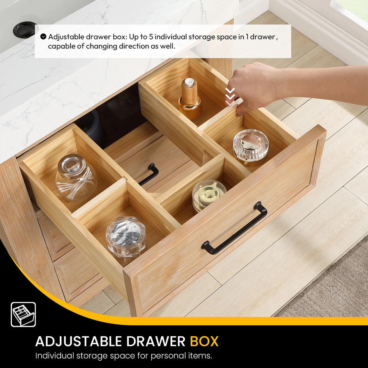 Adjustable drawer box with movable dividers rearranged by hand