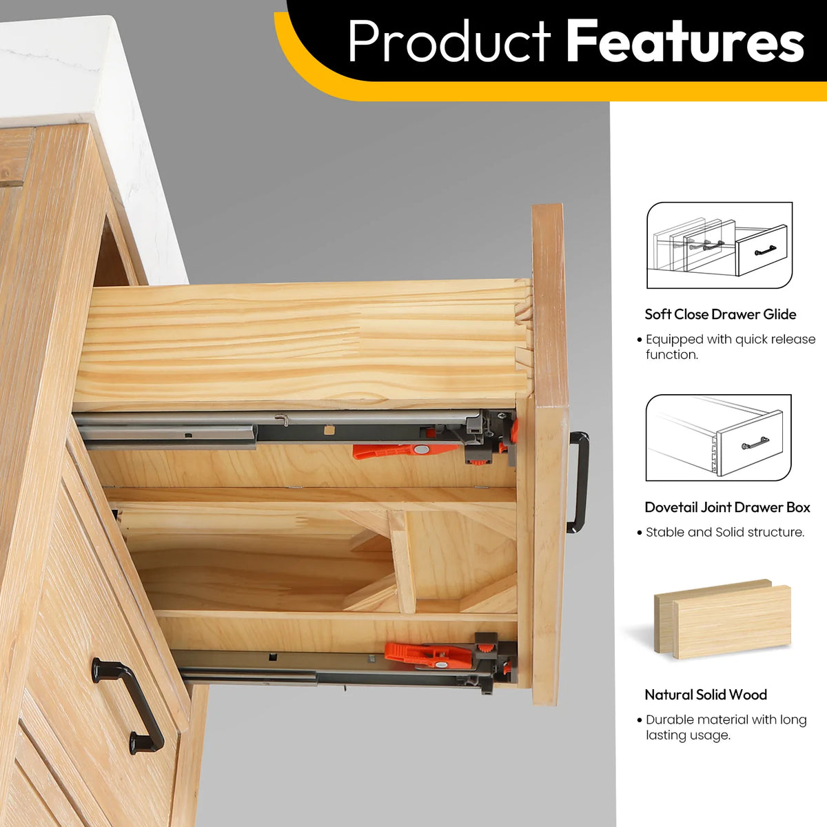 Drawer construction callouts: dovetail corners and soft-close slides