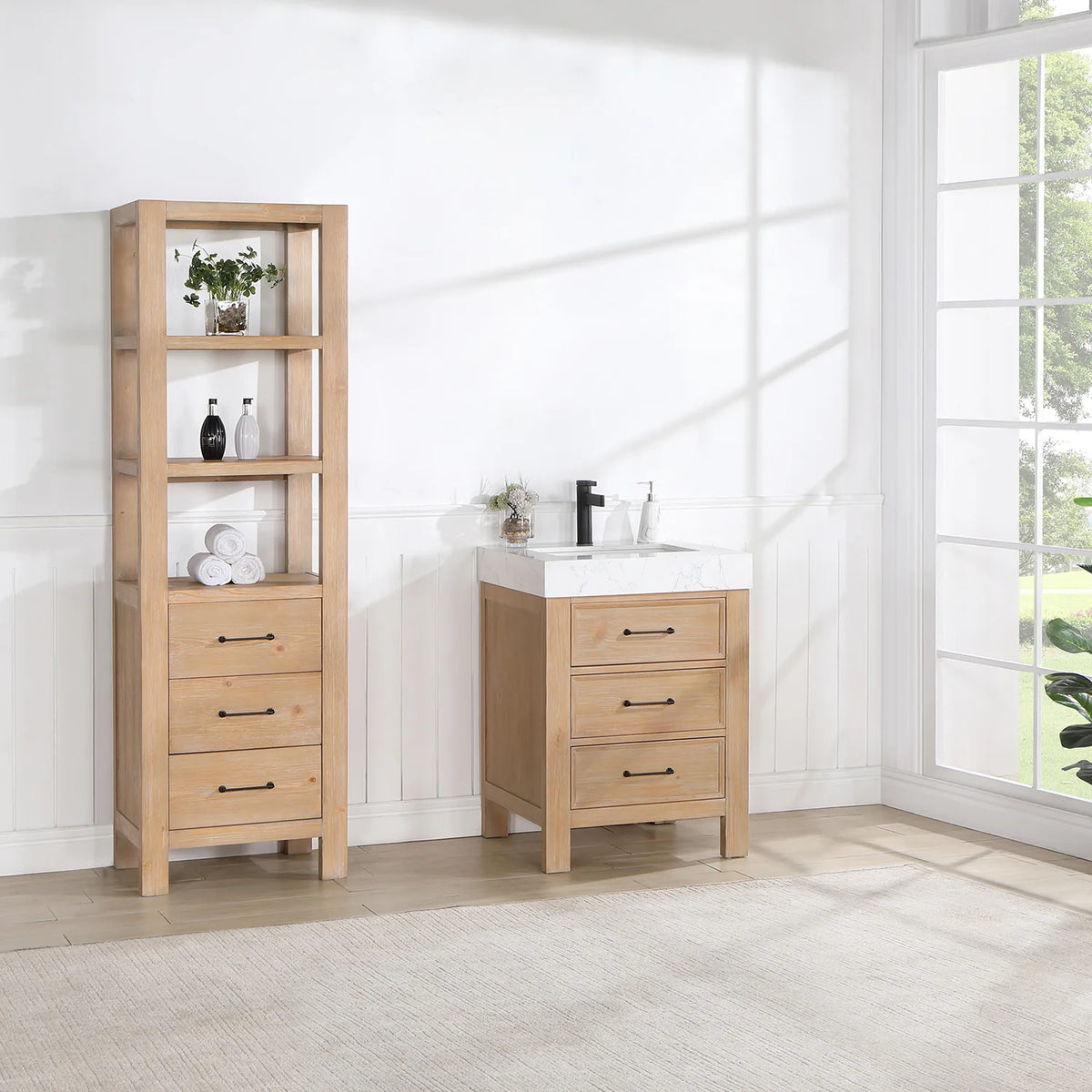Tall cabinet, not included, standing next to the Fir Wood Brown single vanity