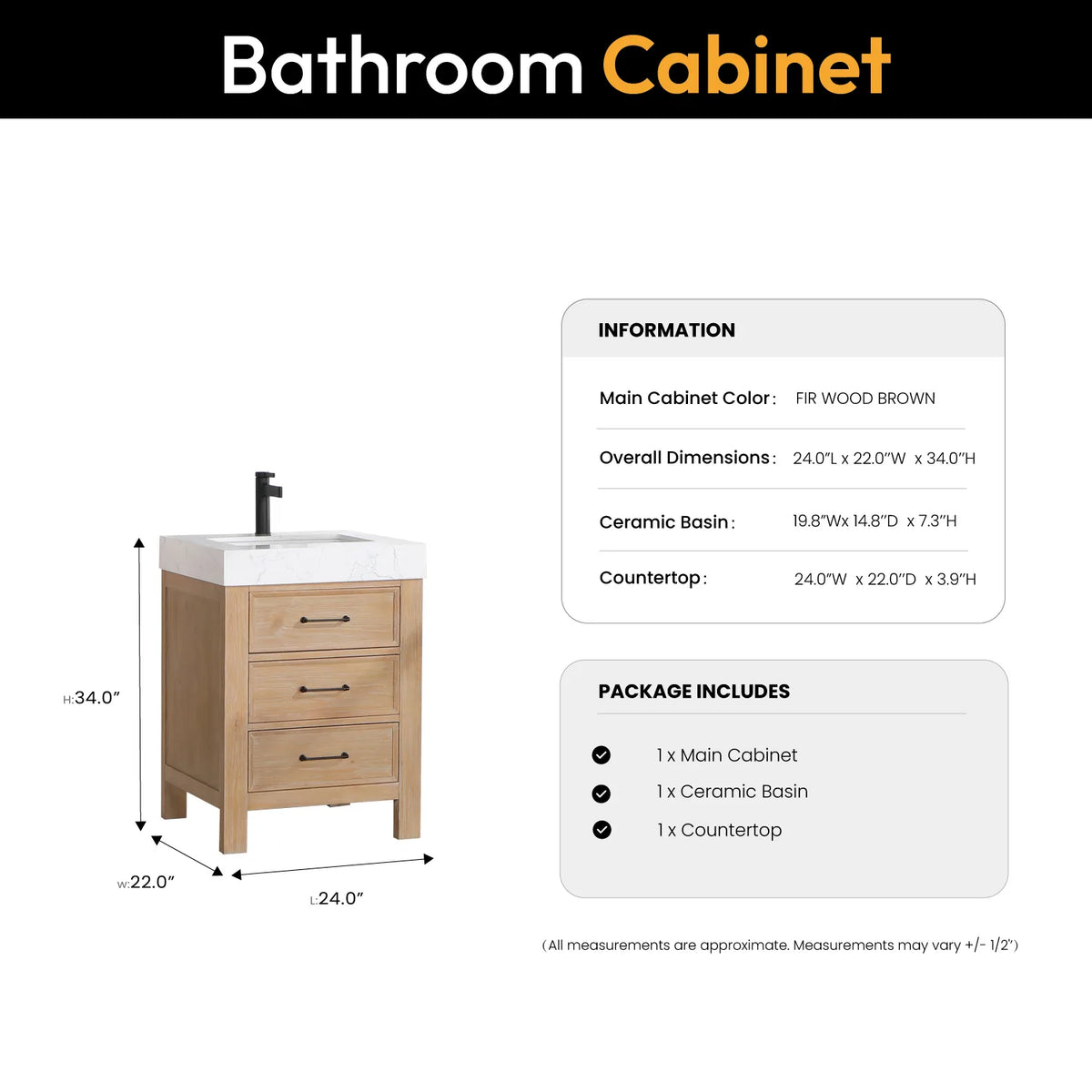 Size diagram for the 24-inch single vanity, 24 x 22 x 34 inches with top