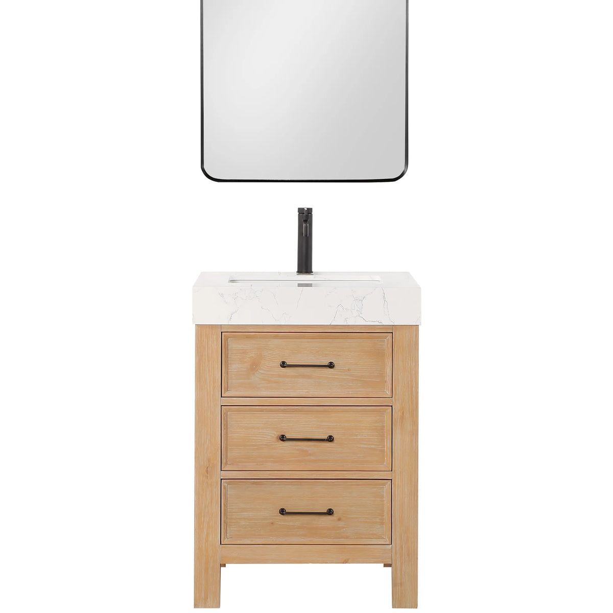 Fir Wood Brown single vanity topped by a rectangular wall mirror, plain white background